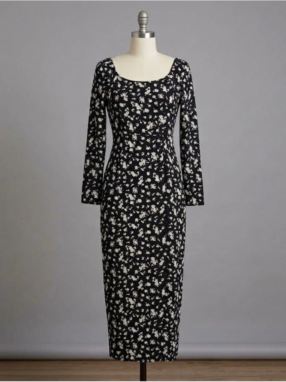 Black Floral Long Sleeve Midi Dress with Square Neck